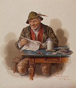 Alter Bauer in roter Weste beim Zeitunglesen von Peter Krämer
