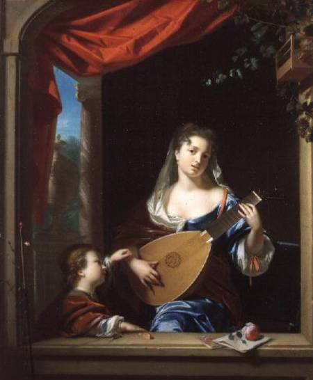 Elegant Lady Playing the Lute at a Window (panel) von Philip van Dyck