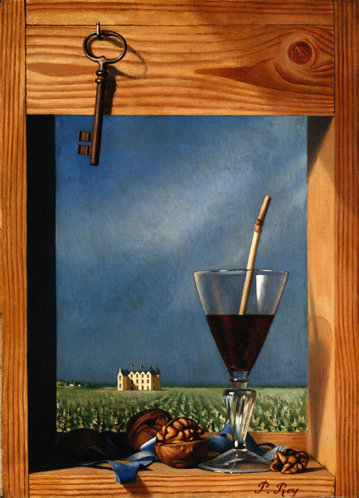 Weinglas vor einem Schloss (Verre de vin devant un château). 1935 von Pierre Roy