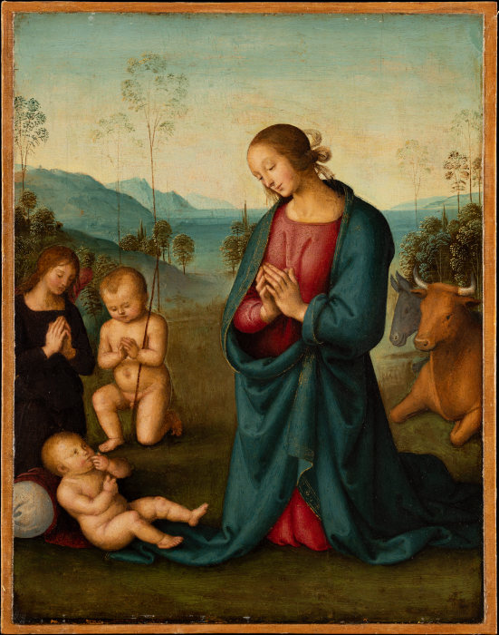Madonna, der Johannesknabe und ein Engel, das Christuskind anbetend von Pietro Perugino