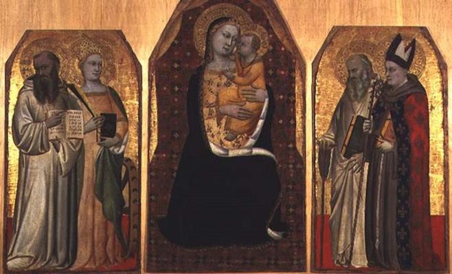 Triptych: Madonna and Child flanked by four saints (tempera on panel) von Puccio di Simone