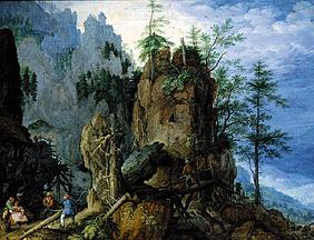Gebirgslandschaft mit Holzfällern 1610