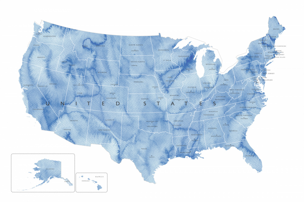 Blaue Aquarellkarte der USA mit Bundesstaaten und Landeshauptstädten von Rosana Laiz Blursbyai