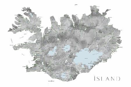 Insel - Islandkarte in grauem Aquarell mit einheimischen Beschriftungen