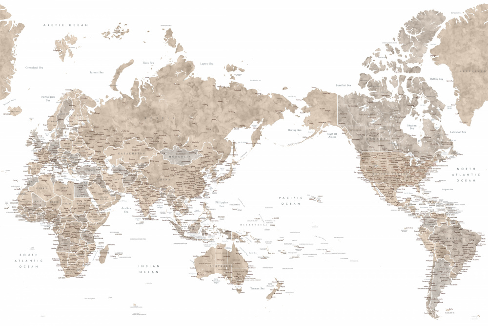 Pazifikzentrierte Weltkarte in Taupe von Rosana Laiz Blursbyai