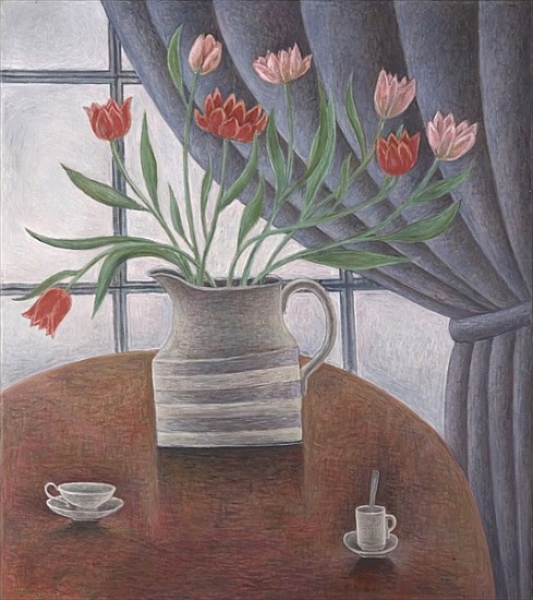 Tulips, Curtain, Cups, 2002 (oil on canvas)  von Ruth  Addinall