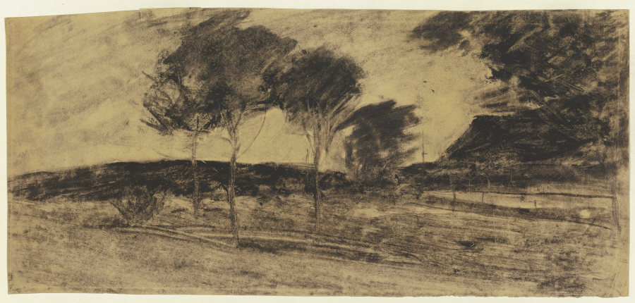 Landschaft, links kleiner Hügel, davor drei Bäume, rechts Haus von Sion Longley Wenban