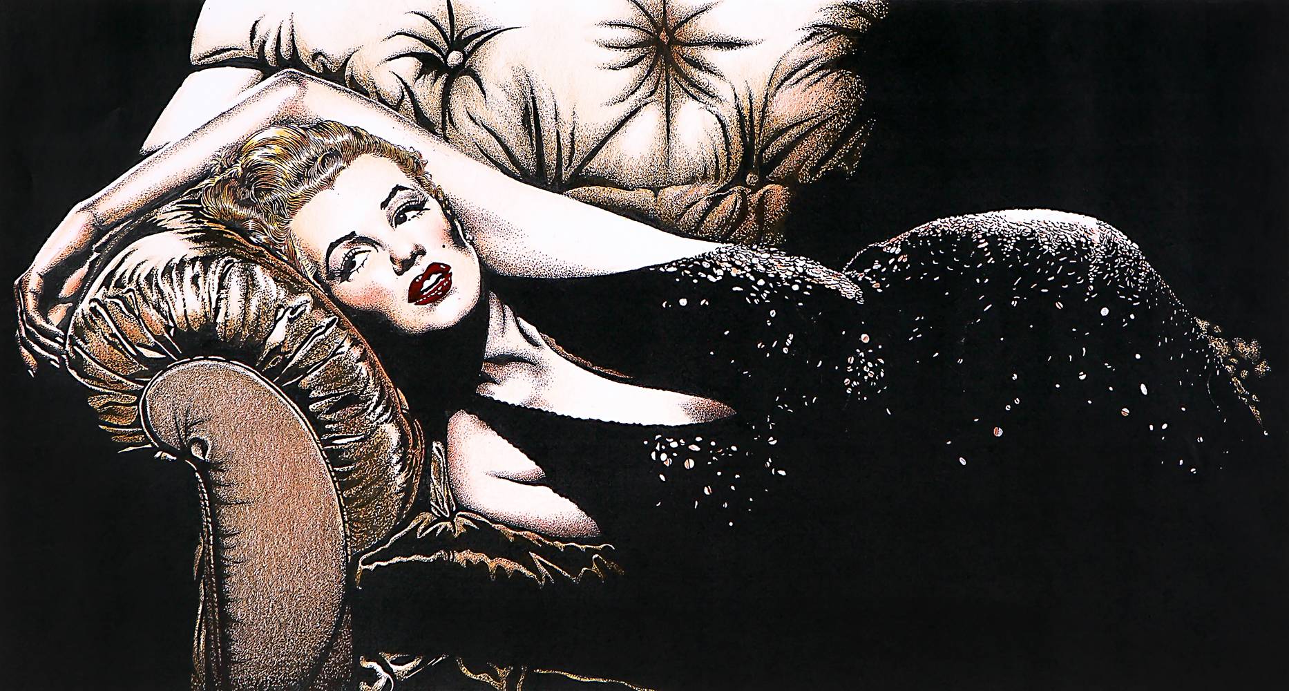 Marilyn Monroe auf dem Sofa, farbig von Stephen Langhans