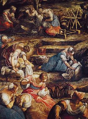 The Miraculous Fall of Manna, detail of women working