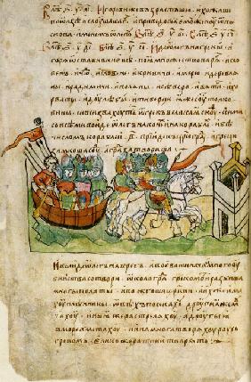 Feldzug des russischen Fürsten Oleg auf Konstantinopel. Aus der Radziwill-Chronik (auch Königsberger