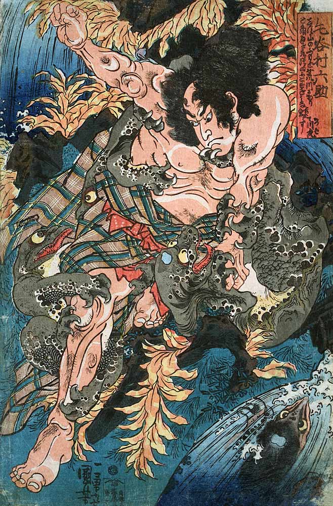 Rokusuke kämpft mit den Wassermännern (Aus einer unbetitelten Serie von Kriegerdarstellungen) von Utagawa Kuniyoshi