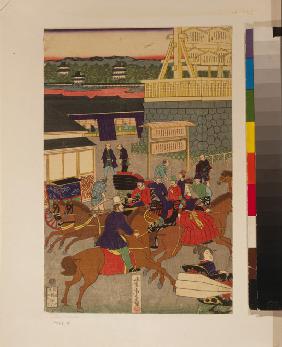 Der Wohlstand in Nihonbashi in Tokyo. (Tokyo Nihonbashi han ei no zu) Triptychon 1861