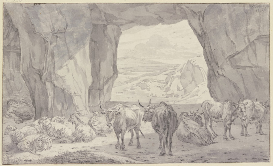 Fünf Ochsen, vier Schafe und zwei Ziegen bei dem schlafenden Hirten in einer Höhle von Willem Romeyn