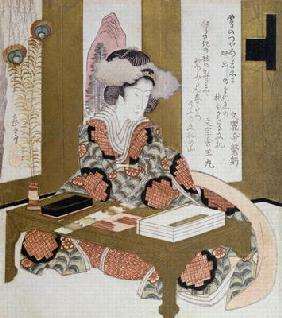 The Poetess, Bijin, at her Calligraphy Table (colour woodblock print) 12th